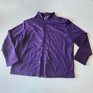 Allison Daley Zip Up Jacket Womens XL Purple Rhinestone Studded Mock Neck Casual